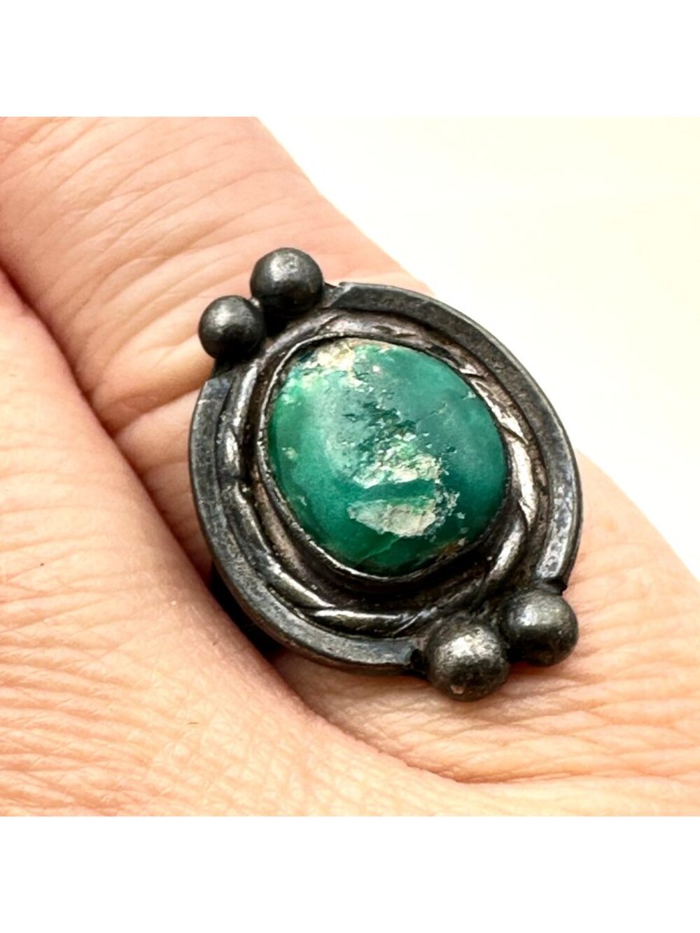 Native American Ring Sterling Silver Green Turquoise Size 6.5 - Picture 3 of 5